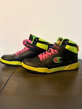 NWT Champion Womens High-Top Sneakers - Black, Neon Yellow & Hot Pink Size 8.5